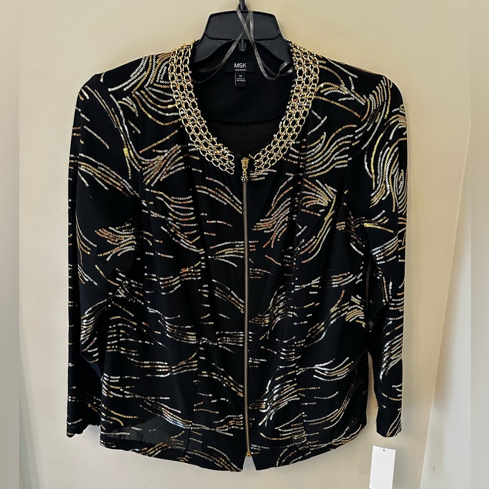 Dressy jacket by MSM Women, NWT, size 1x, black with gold & silver accents.